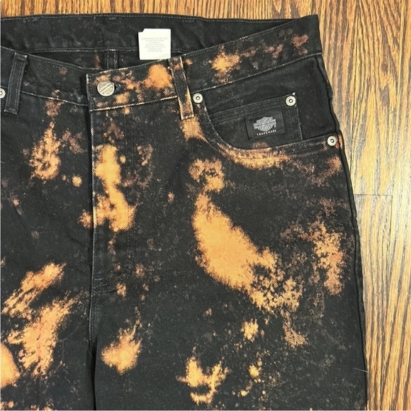 Vintage 90s Harley Davidson Bleached Jeans Acid Wash Black Orange Grunge Unisex - Picture 2 of 9